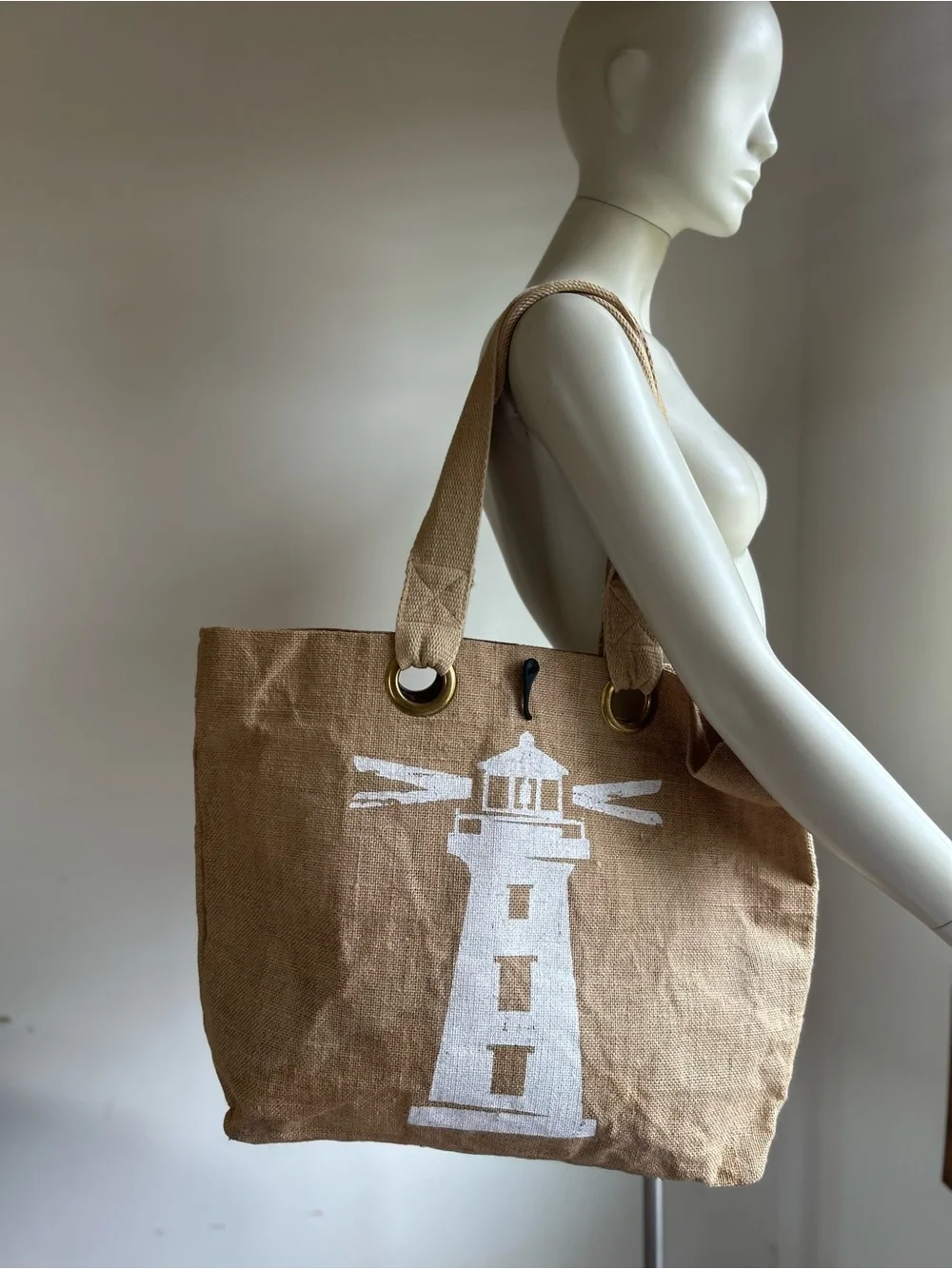 Beige Jute Lighthouse Tote — Casual Beach Canvas Bag